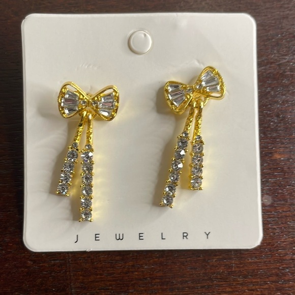 Jewelry - *BIN* Goldtone Zircon Crystal Post Bow Earrings